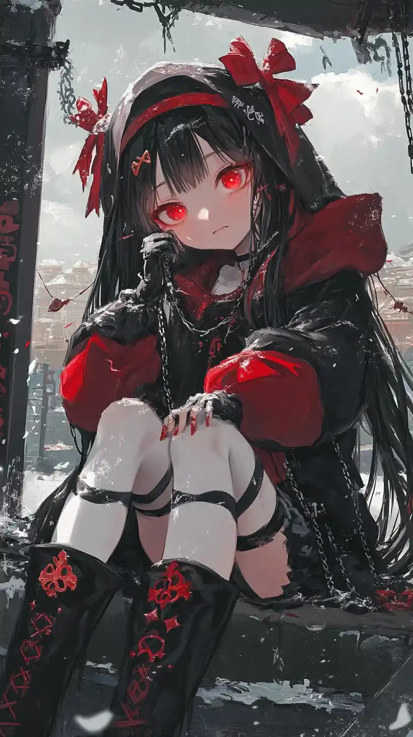 Anime girl with red bow and chains in detailed outfit