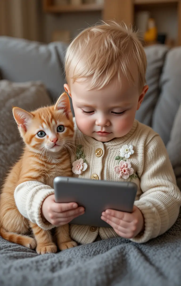 Bebé y gatito pelirrojo acurrucados con una tablet