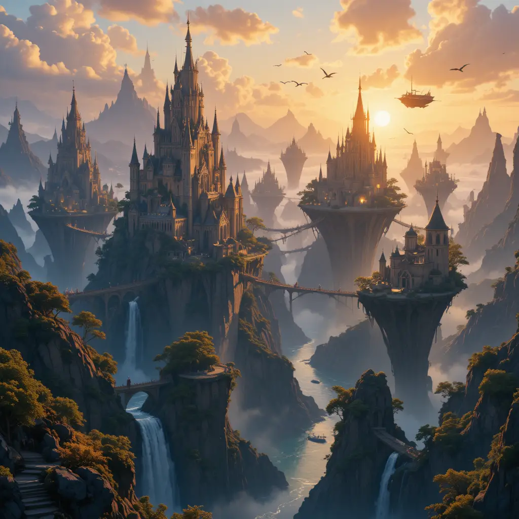 Majestuoso reino de islas flotantes en un cielo dorado al atardecer