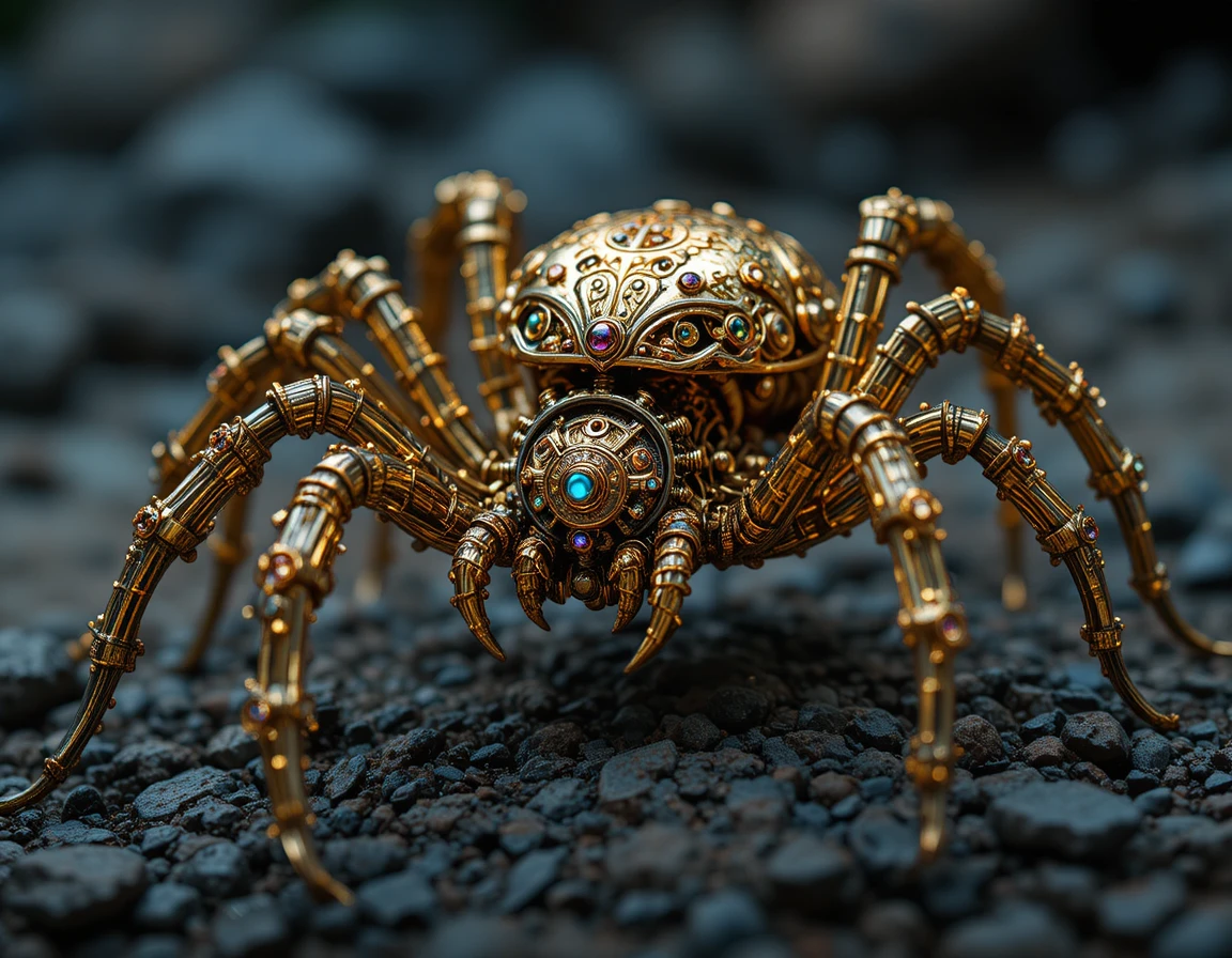 Macro de cerca de una escultura dorada de araña steampunk
