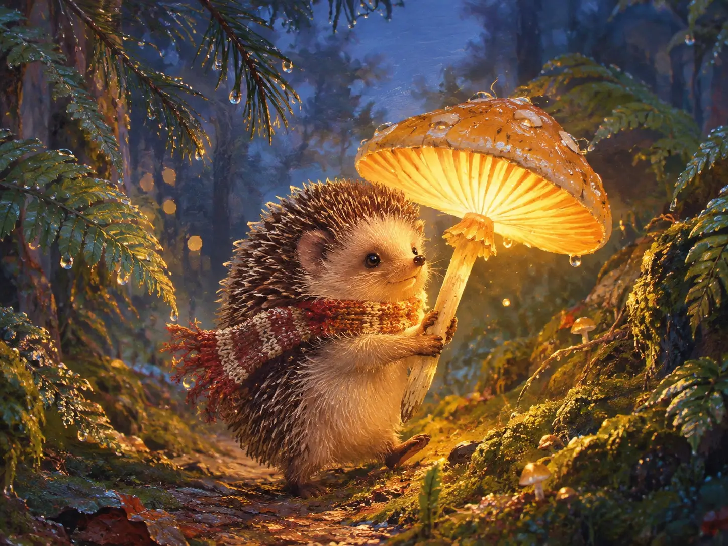 Pequeño erizo que lleva un hongo brillante en un bosque encantado
