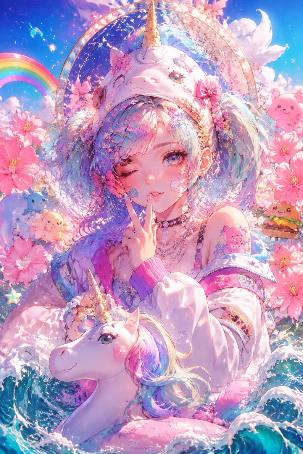 Ilustración de anime colorida con encantadora estética pastel de ensueño