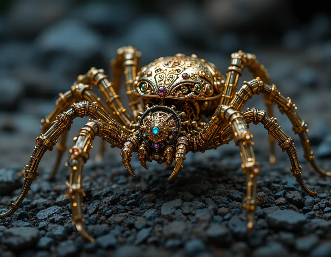 Makro-Nahaufnahme einer goldenen Steampunk-Spinnenskulptur