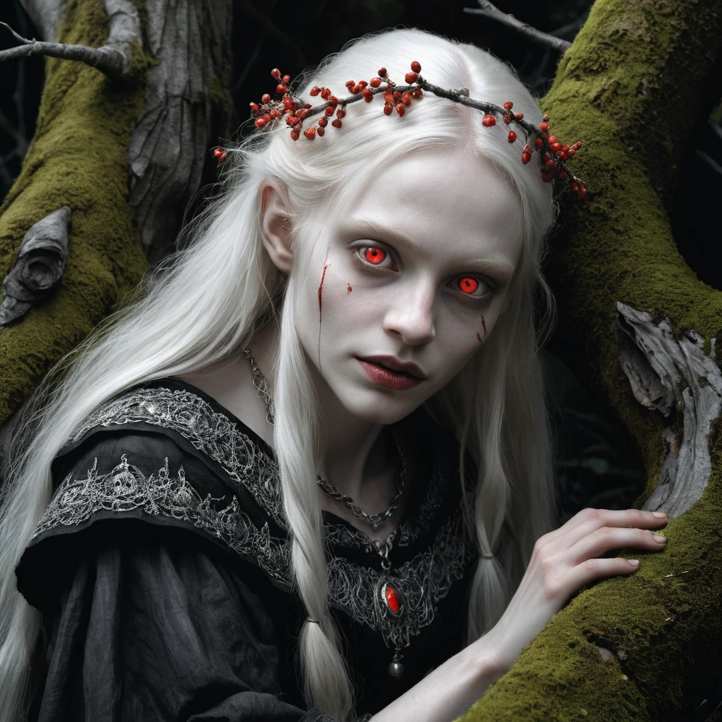 Vampira albina sobre un árbol caído en un bosque oscuro