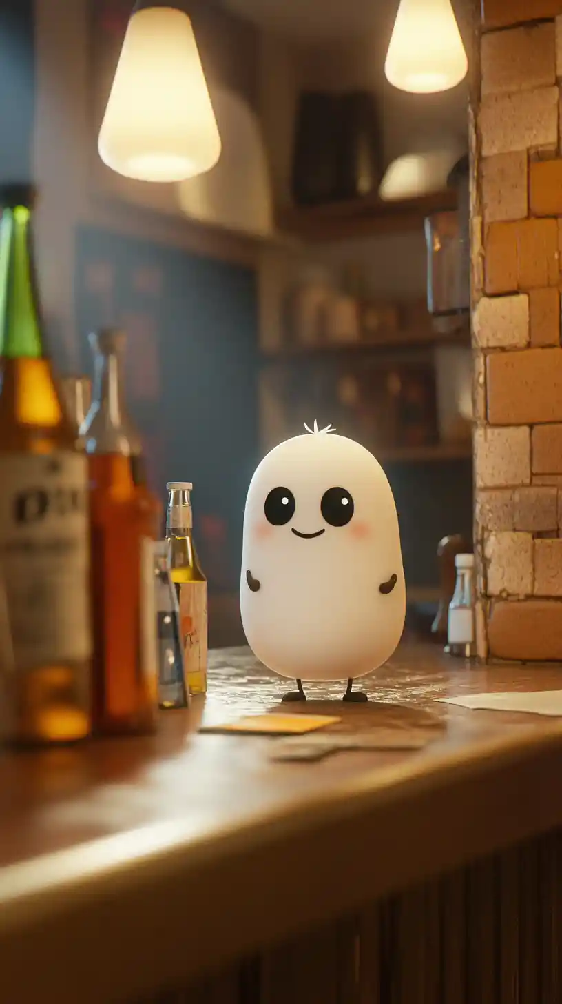 雑然としたバーカウンターを走る漫画風のビール瓶