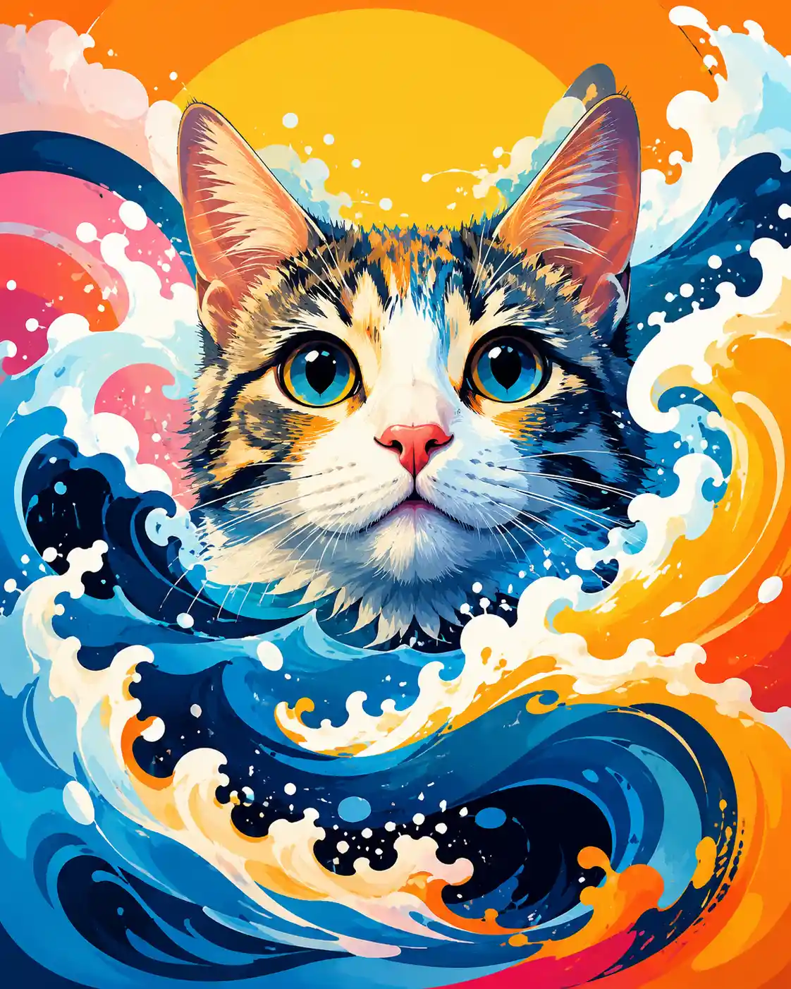 Gato colorido de arte pop que emerge de olas oceánicas abstractas