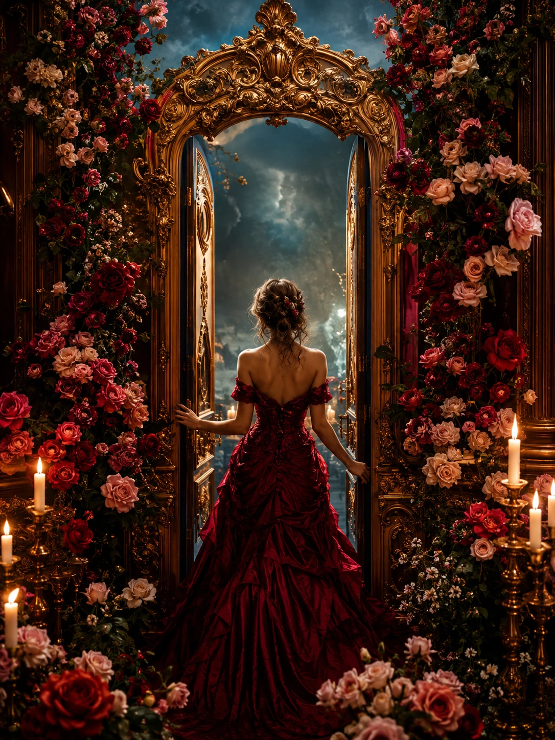Ilustración floral de inspiración barroca con diseño centrado y dramático