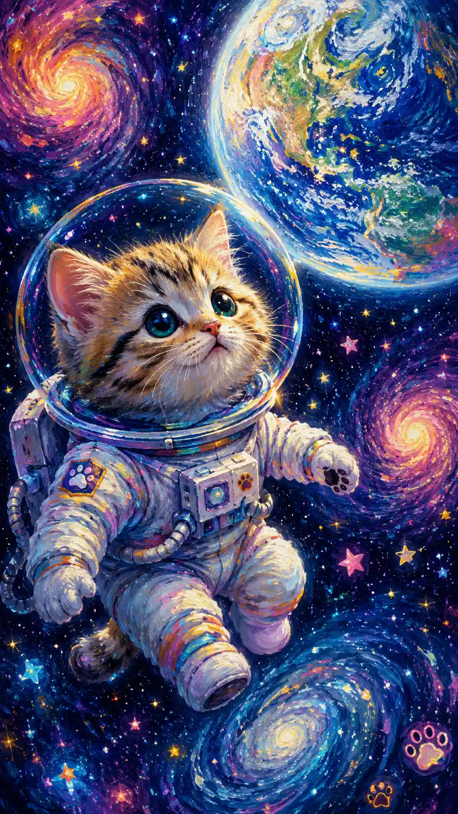 Retrato de gatito astronauta flotando en el colorido espacio profundo