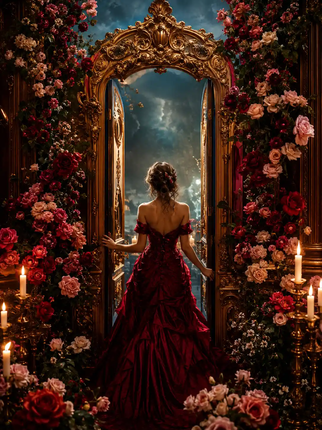Ilustración floral de inspiración barroca con diseño centrado y dramático