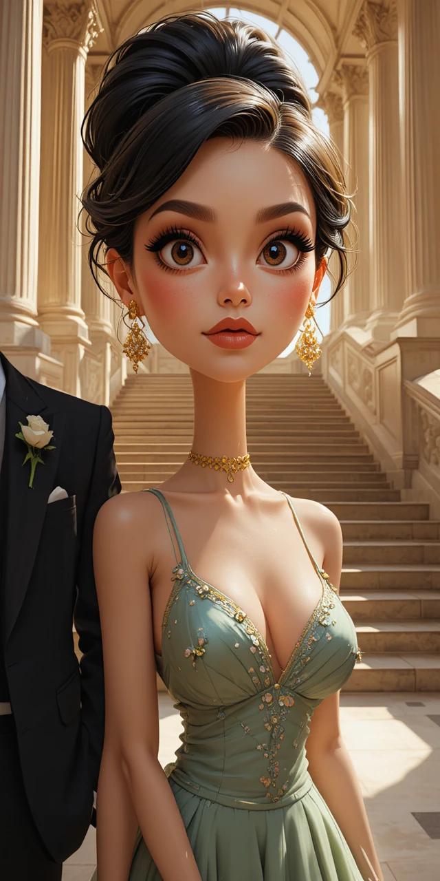 Elegant young woman in green gown on grand staircase