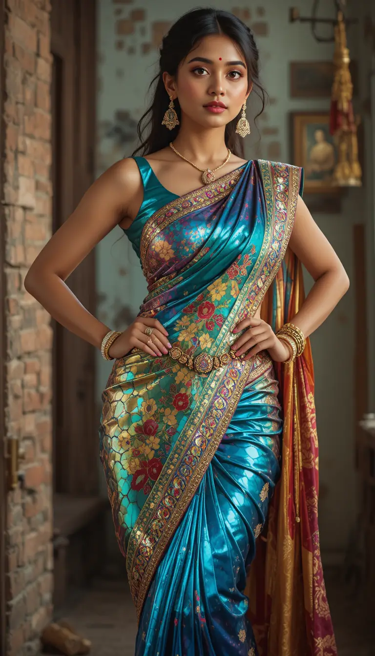 Mujer tamil con saree espejo brillante inclinándose hacia adelante