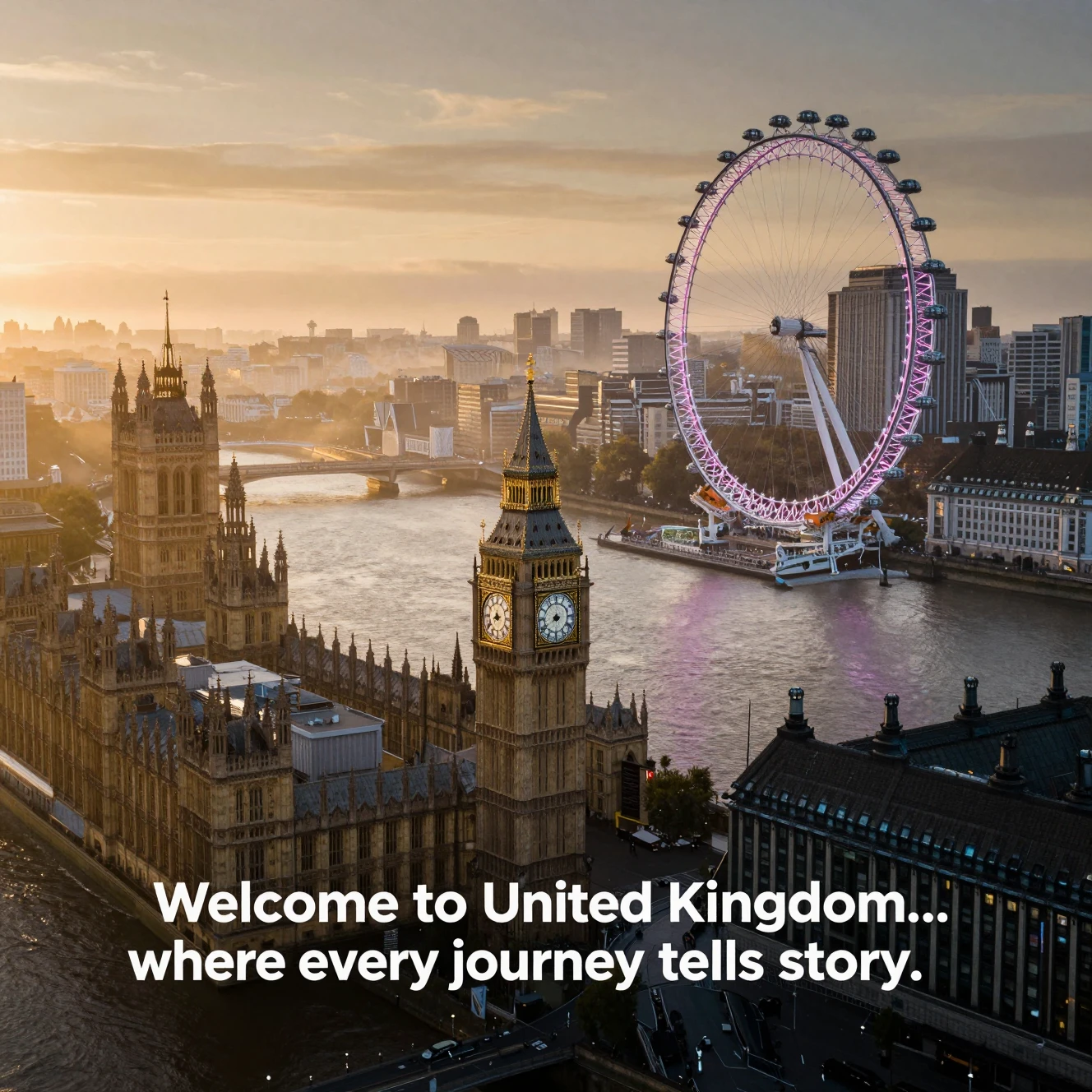 Kinematische Luftaufnahme bei Sonnenaufgang über Londons Wahrzeichen und der Themse