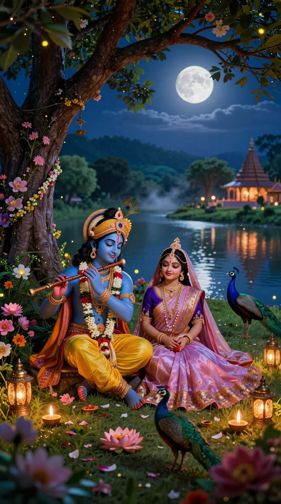 Radha and Krishna in a moonlit garden by the river