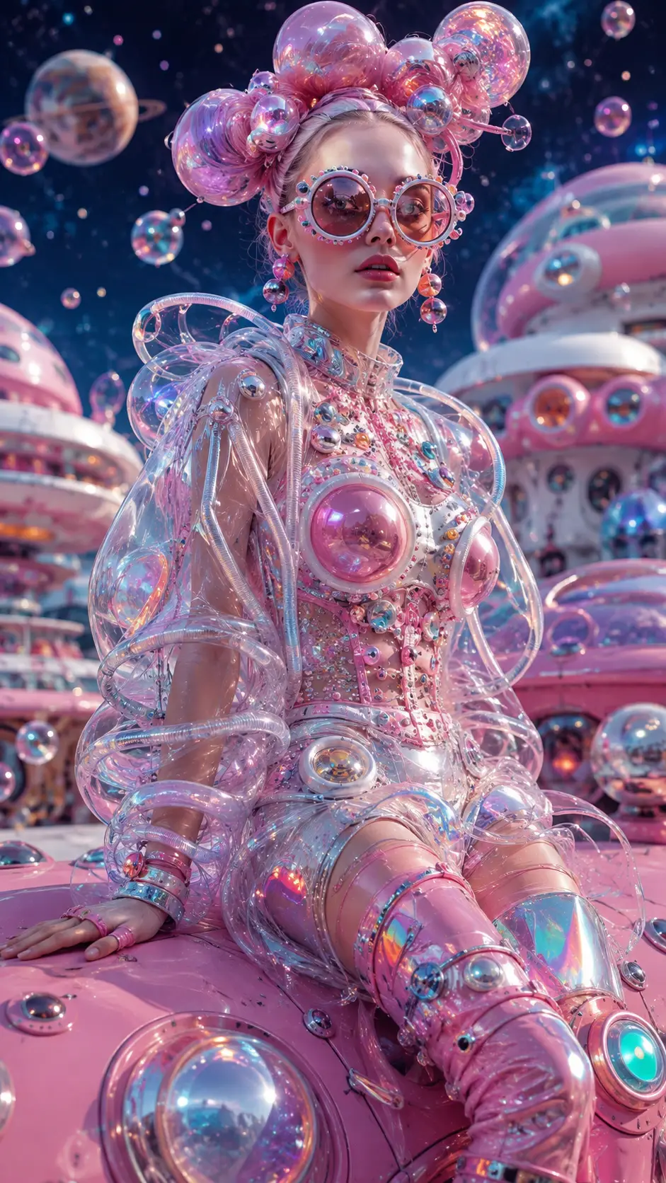 Modelo de moda futurista en una divertida escena intergaláctica