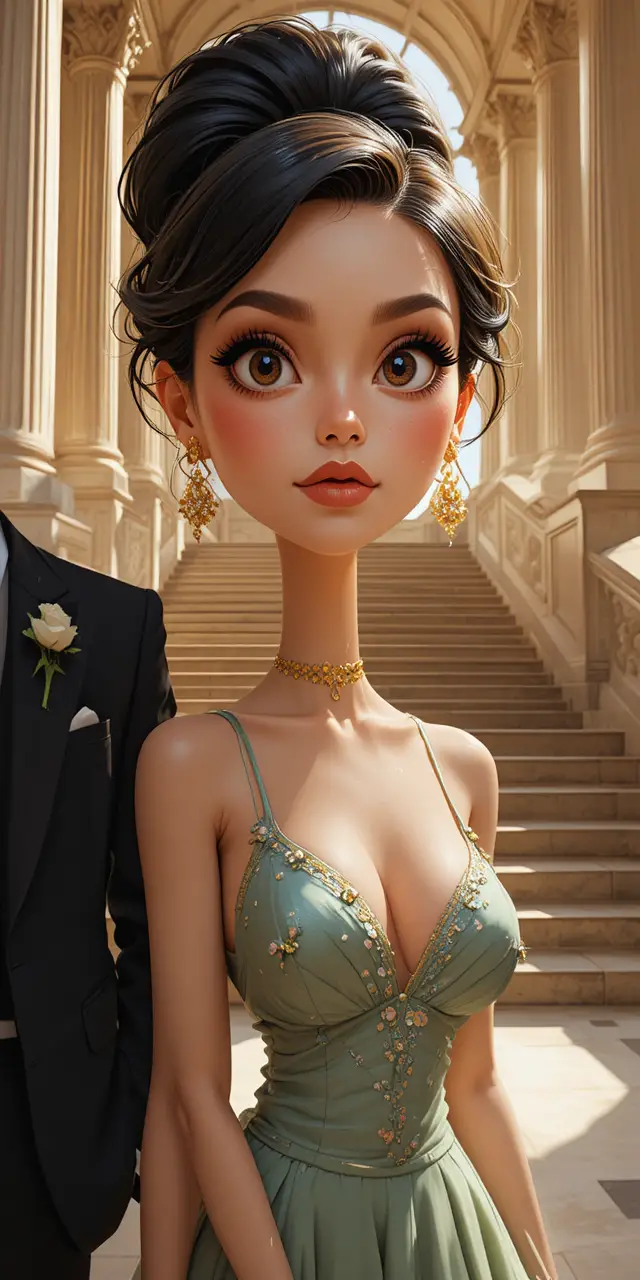 Elegant young woman in green gown on grand staircase