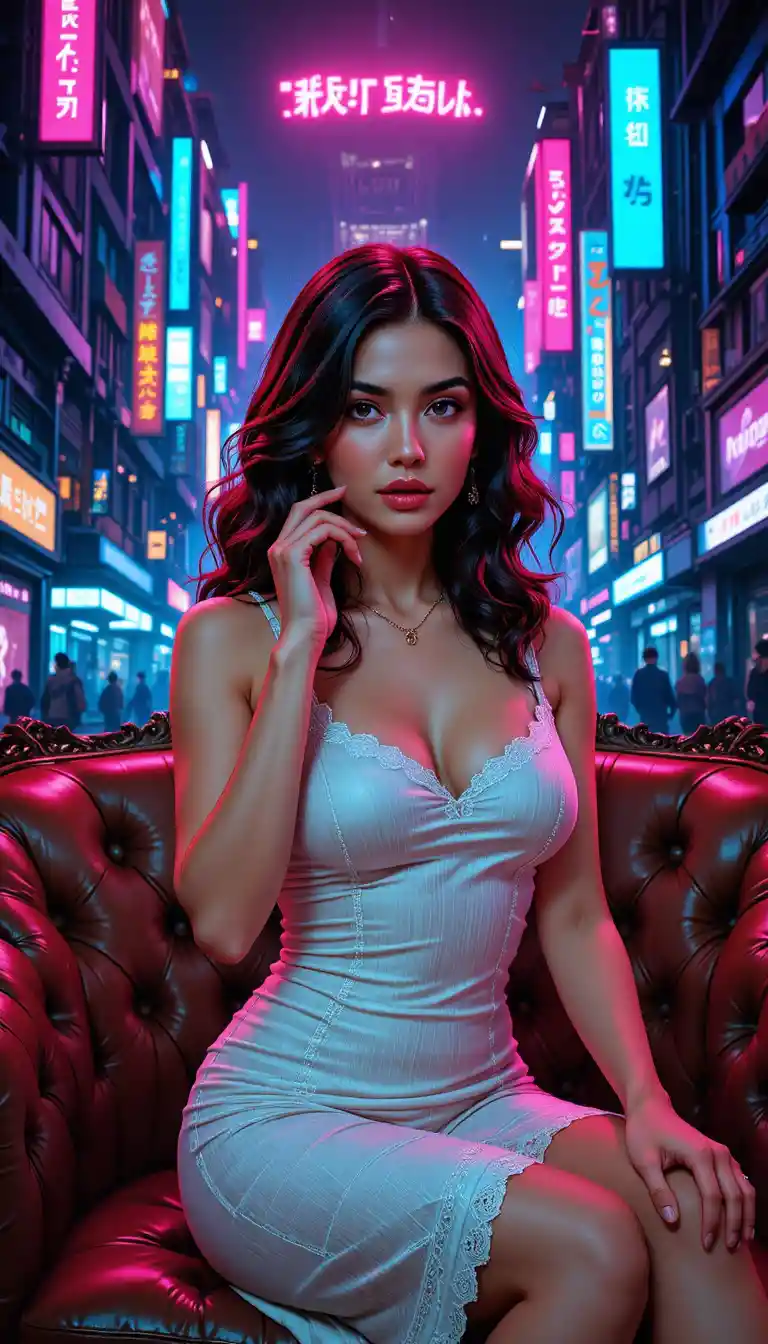 Giovane donna su chaise longue in città futuristica al neon
