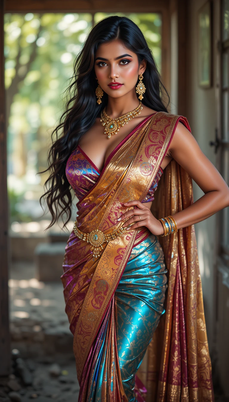 Mujer tamil con sari de espejo brillante en pose de cuerpo entero