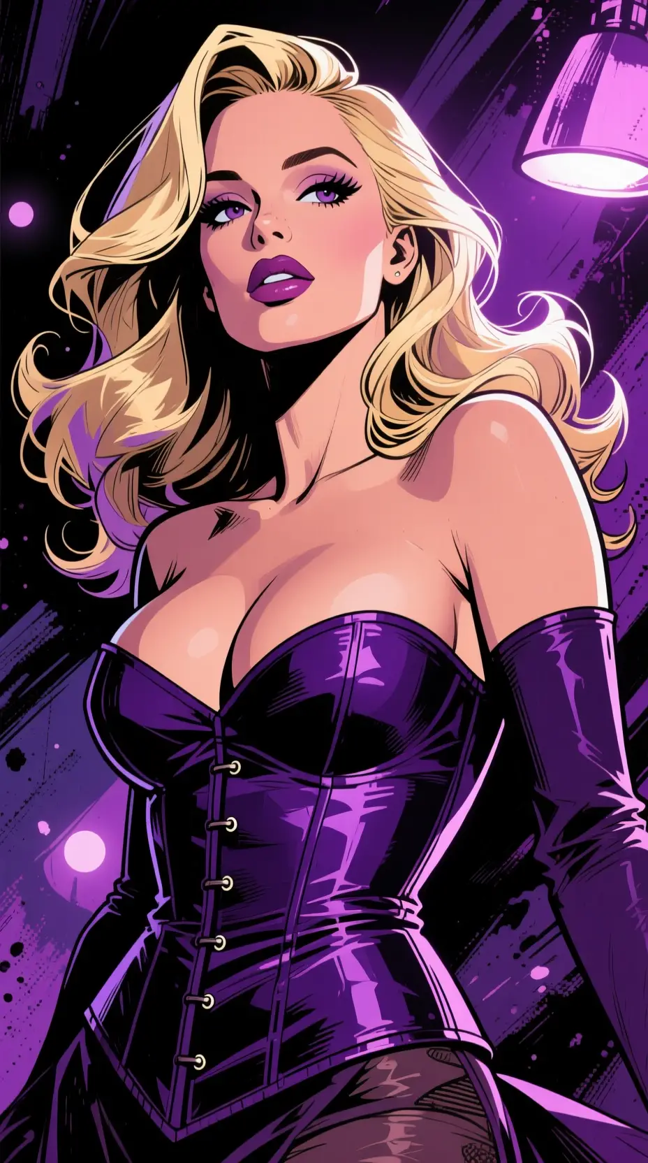 Primer plano de mujer rubia estilo anime con corsé morado oscuro