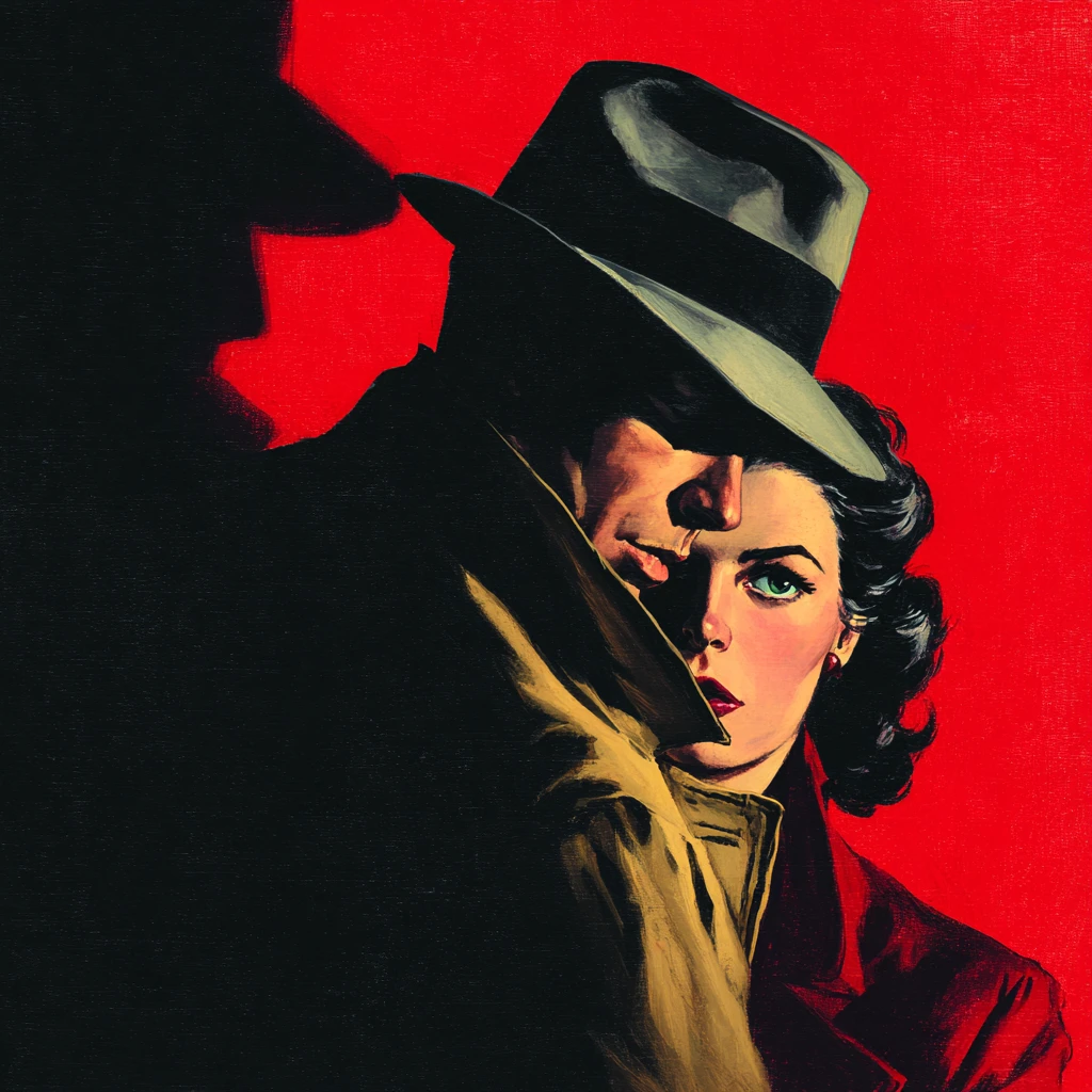 Portada vintage de novela pulp de suspense con mujer dramática