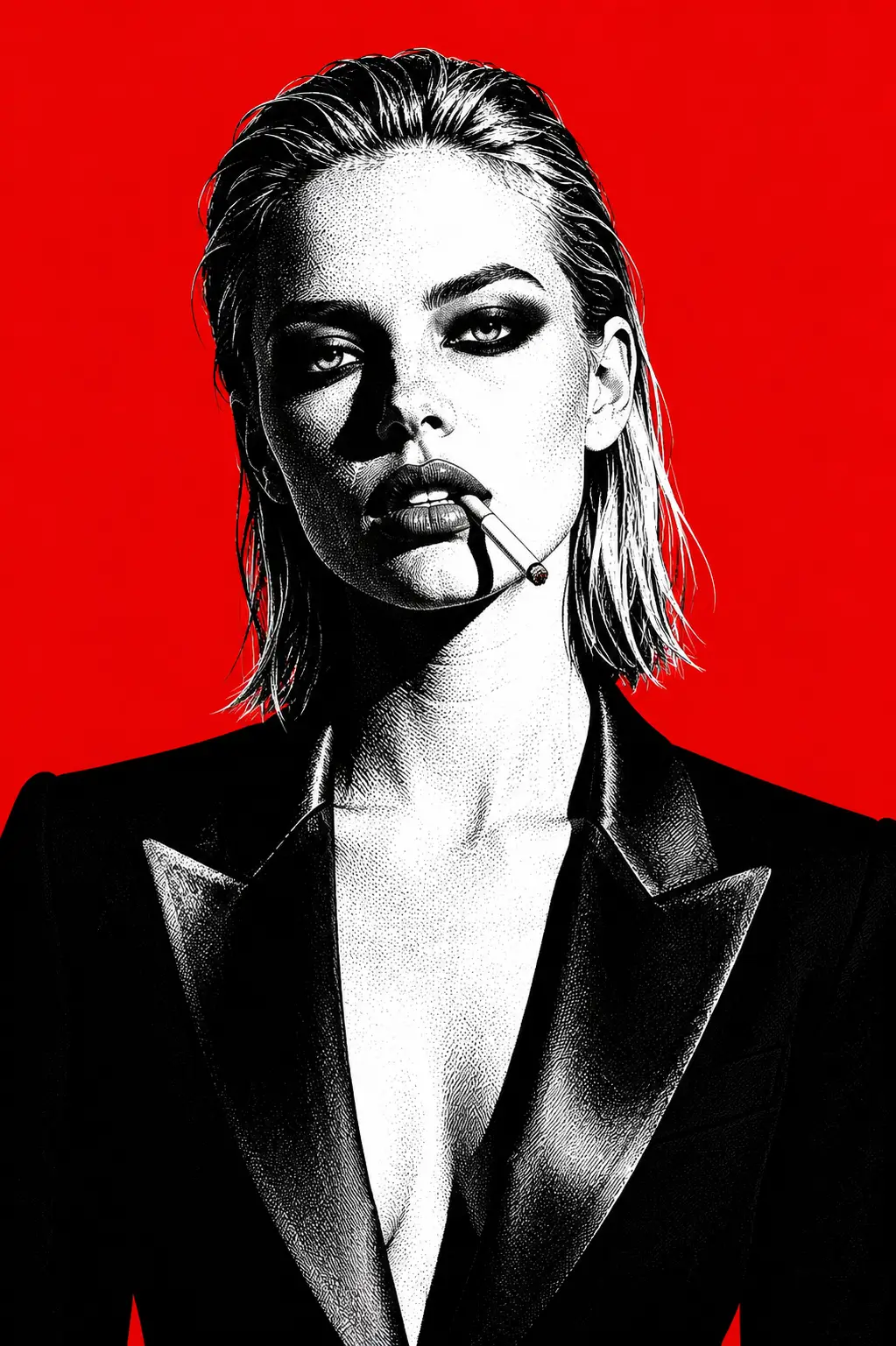 Mujer glamourosa fumando en retrato pop art de estilo noir