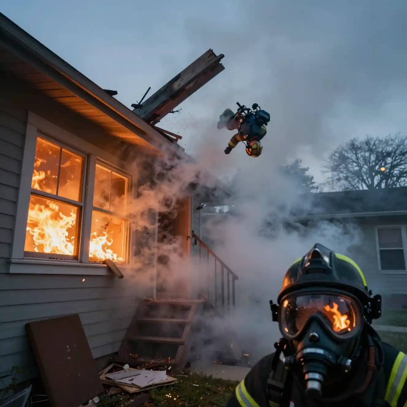 Vorstadthaus nachts in Flammen mit Feuerwehrmann