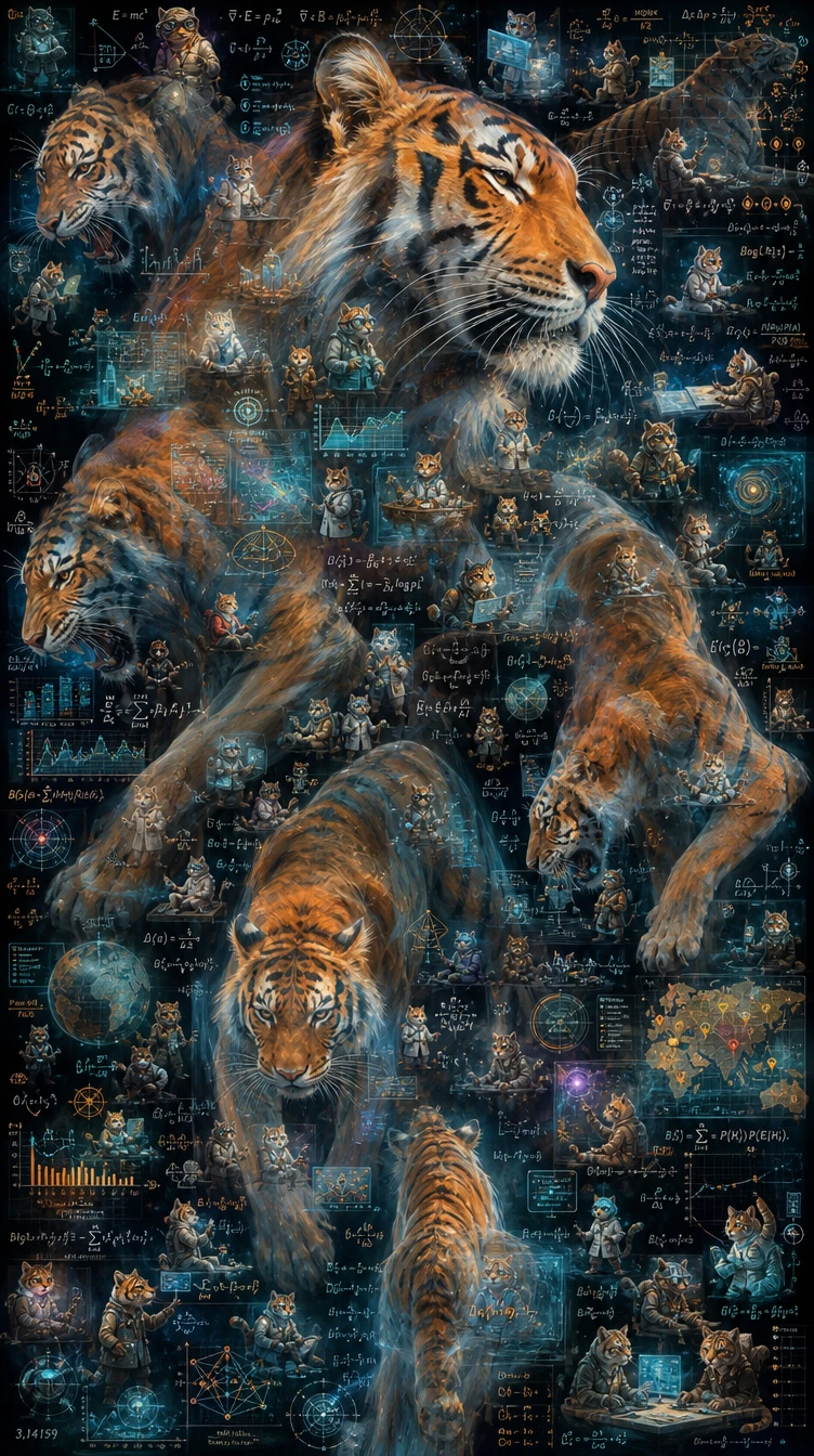 Formas de tigre abstractas en capas con diminutas mentes felinas cibernéticas