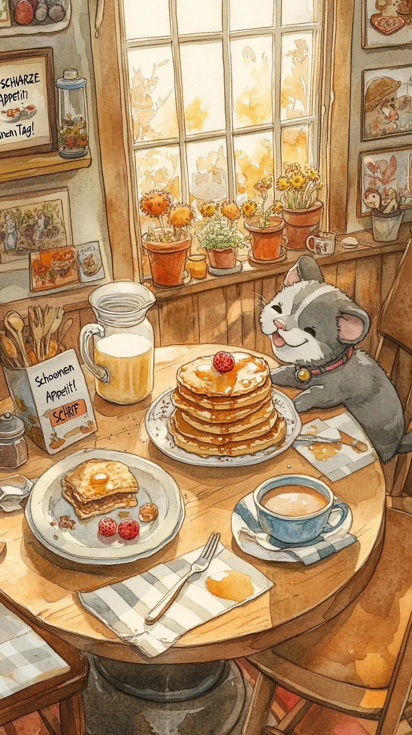 Gato de Caricatura Juguetón en Acogedora Mesa de Desayuno Iluminada por el Sol en la Cocina
