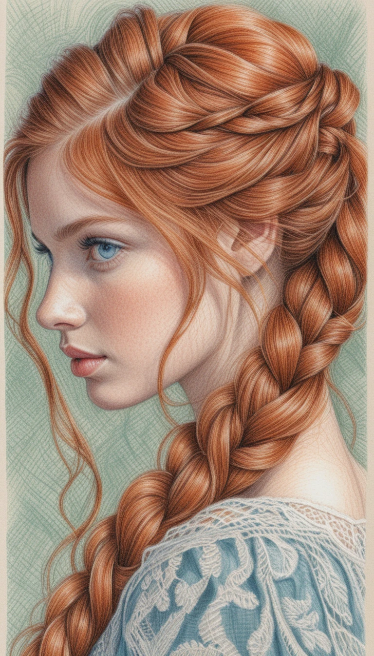 Red haired girl portrait in colored pencil drawing