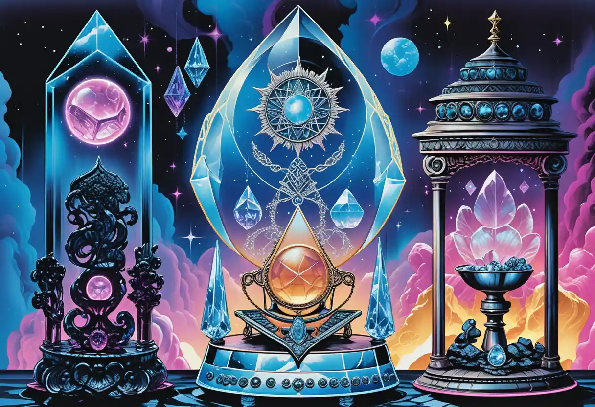 Mystical crystal relics in neon line art display