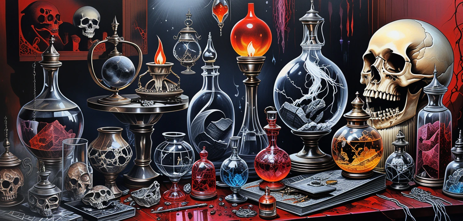 Fantasy tabletop crystals and magical apothecary display