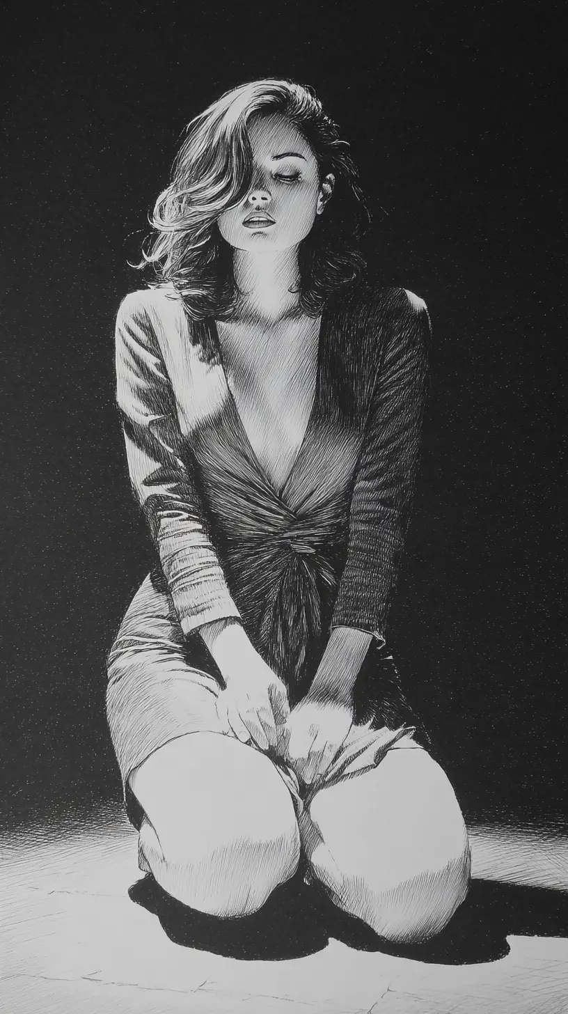 Elegant woman crouching at night in graphite illustration