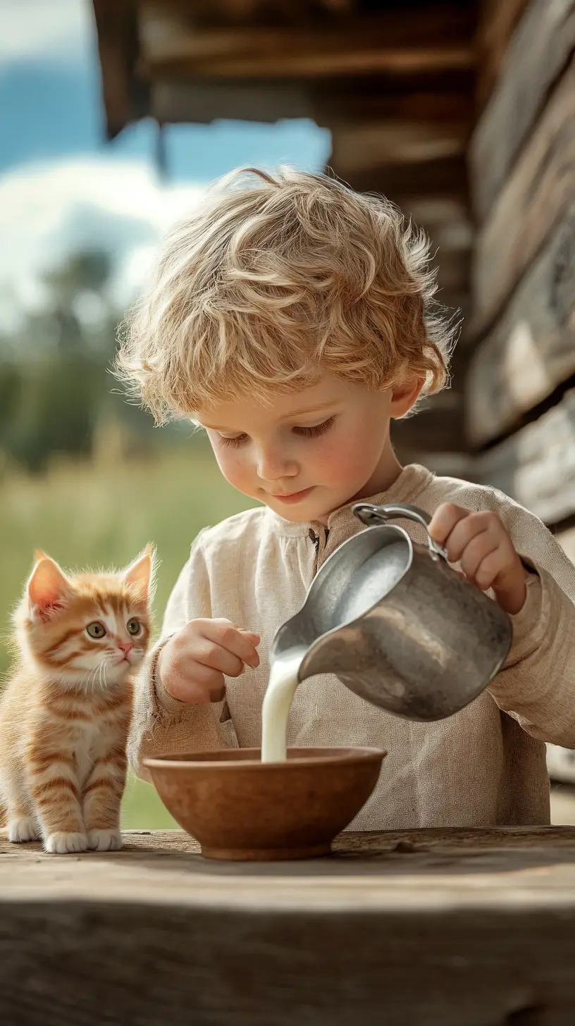 Junger Junge, der im Freien Milch für ein Kätzchen eingießt