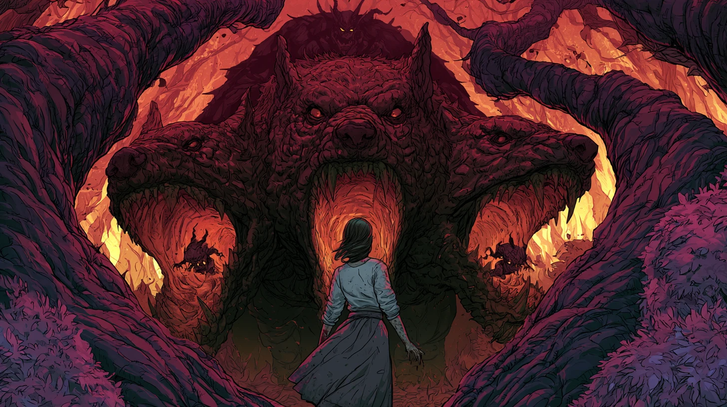 Three Headed Hell Hound Confronting Terrified Woman at Underworld Gate