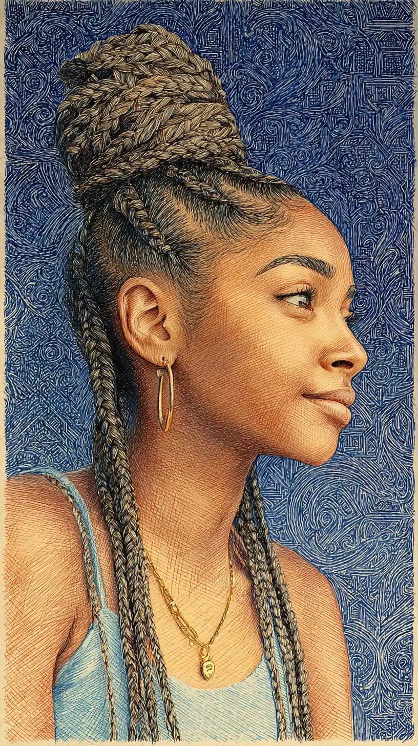 Colored pencil portrait of a young woman with braids