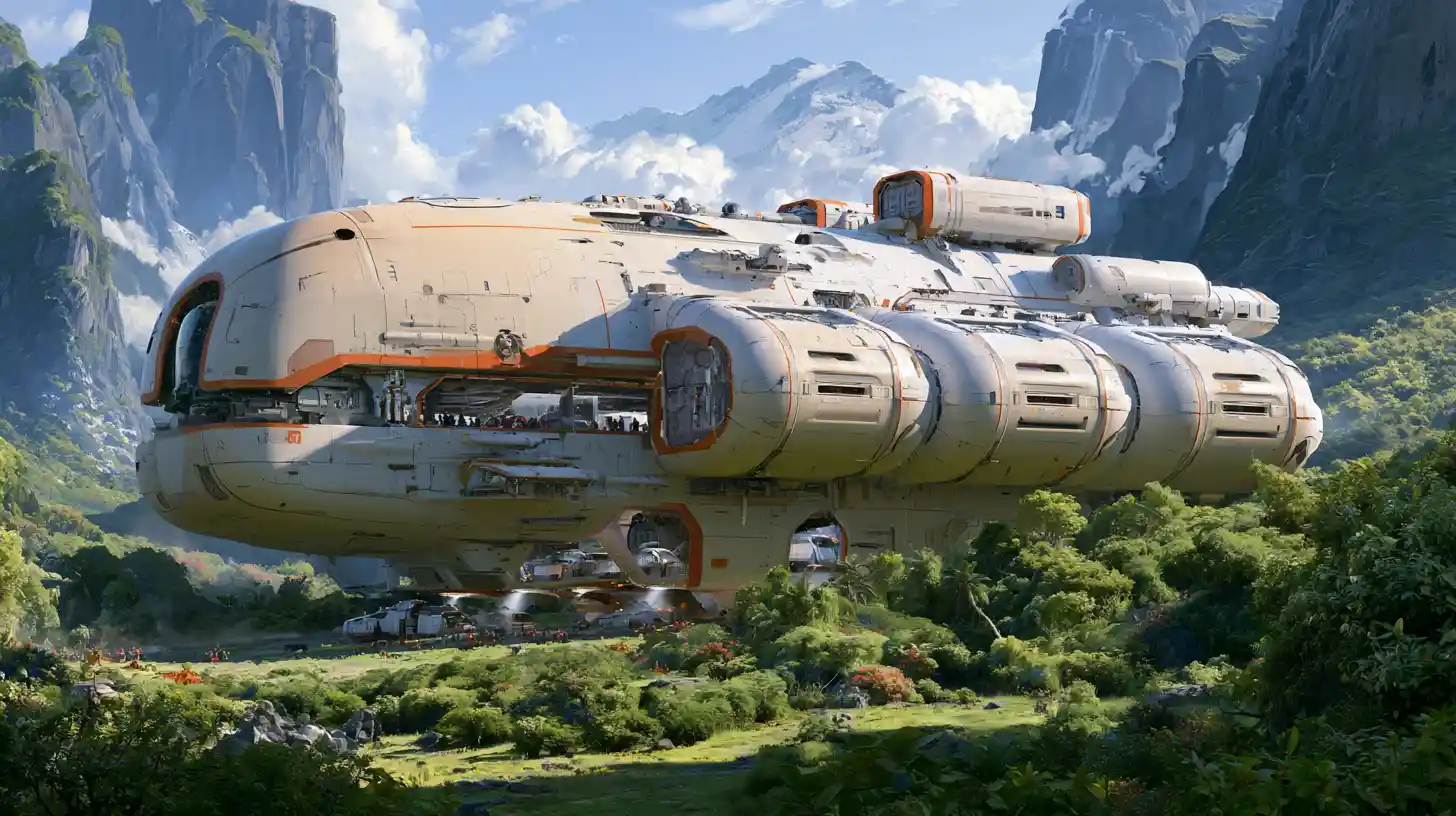 Gigantic cargo spaceship landed in a lush mountain valley