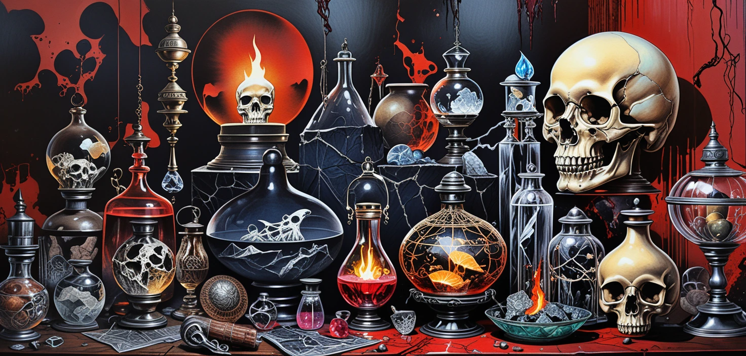 Fantasy tabletop crystals and magical curios in apothecary shop