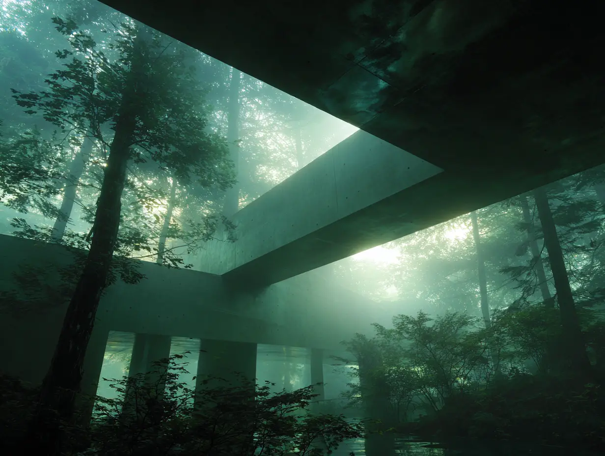 Arquitectura de concreto que se eleva entre la niebla en un bosque de montaña