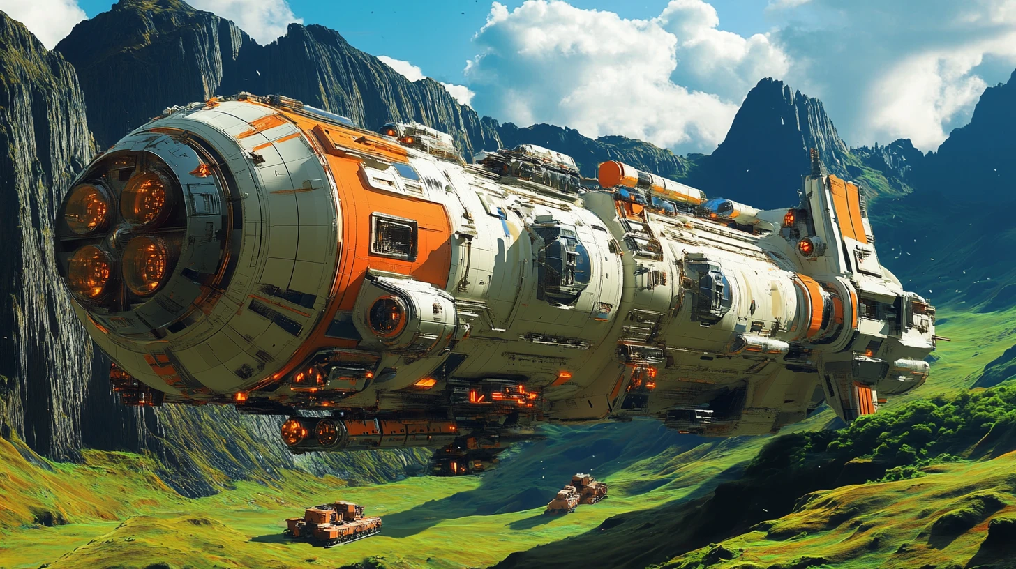 Gigantic cargo spaceship landed in a lush alien valley