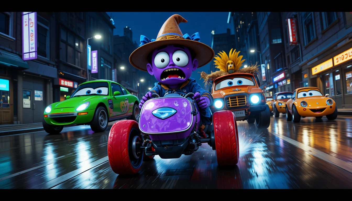 Cartoon racing vehicles speeding down a wet night city street