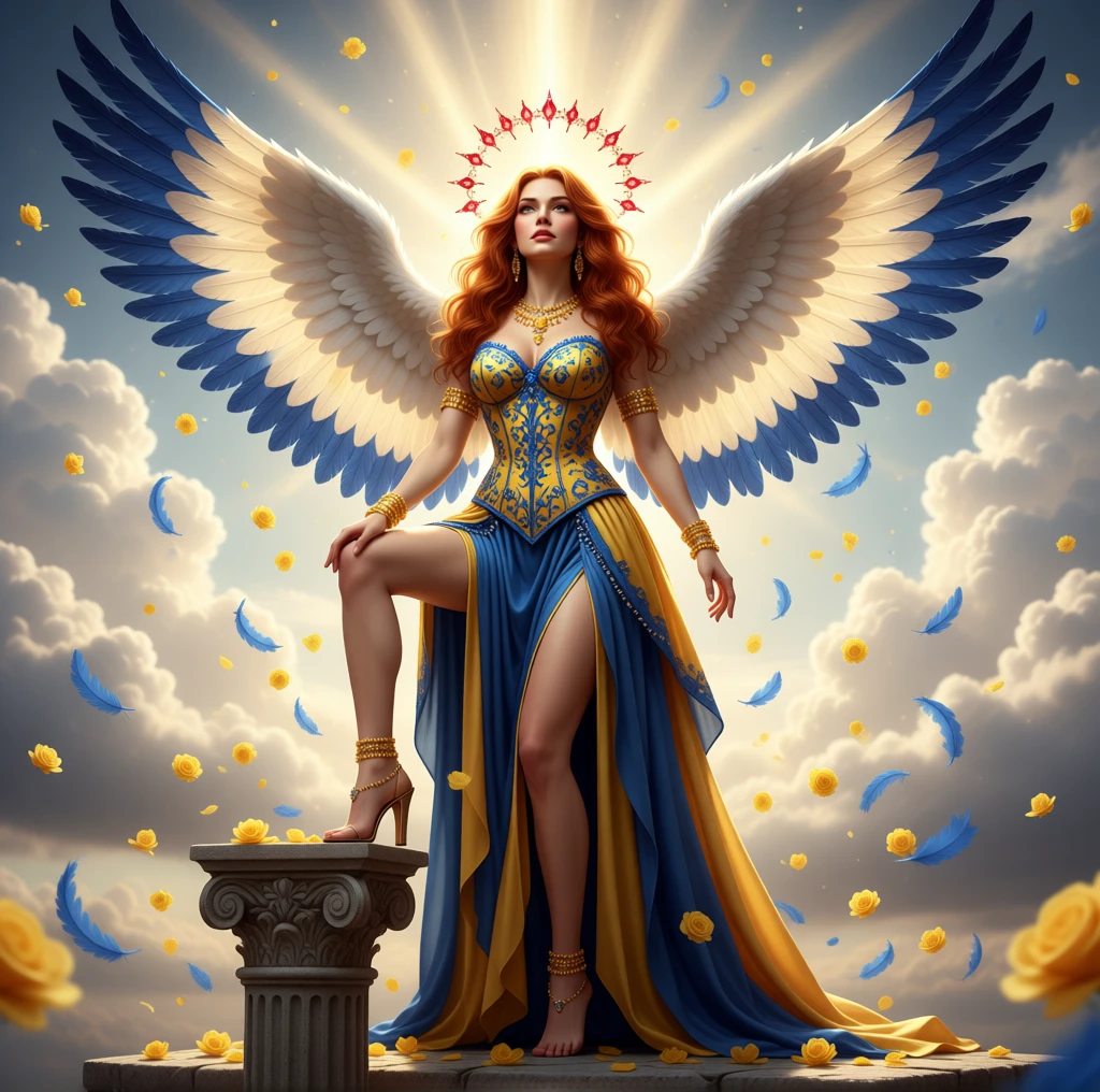 Angelic woman with blue wings on a sunlit stone pedestal