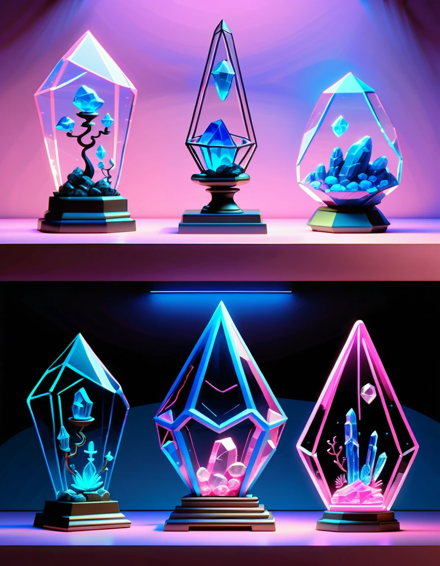 Ornate crystal relic displayed in neon line art style