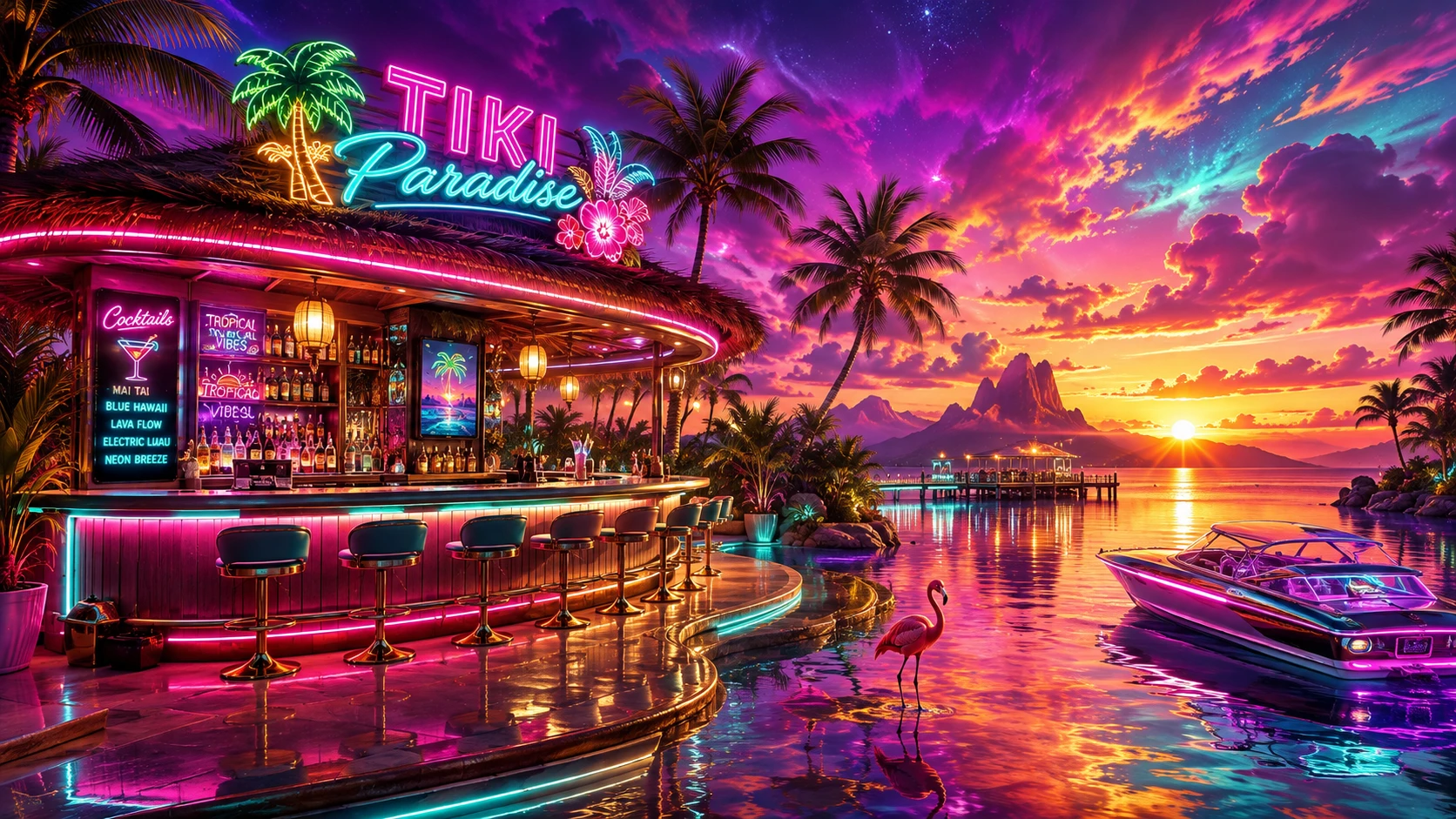 Surreale tiki bar al neon su una luminosa costa tropicale