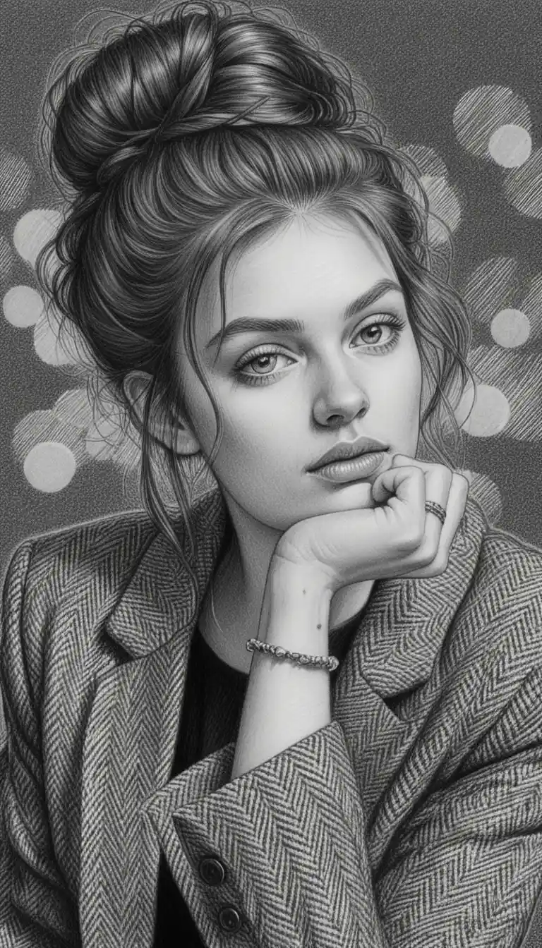 Crosshatched ink portrait of a young woman in blazer