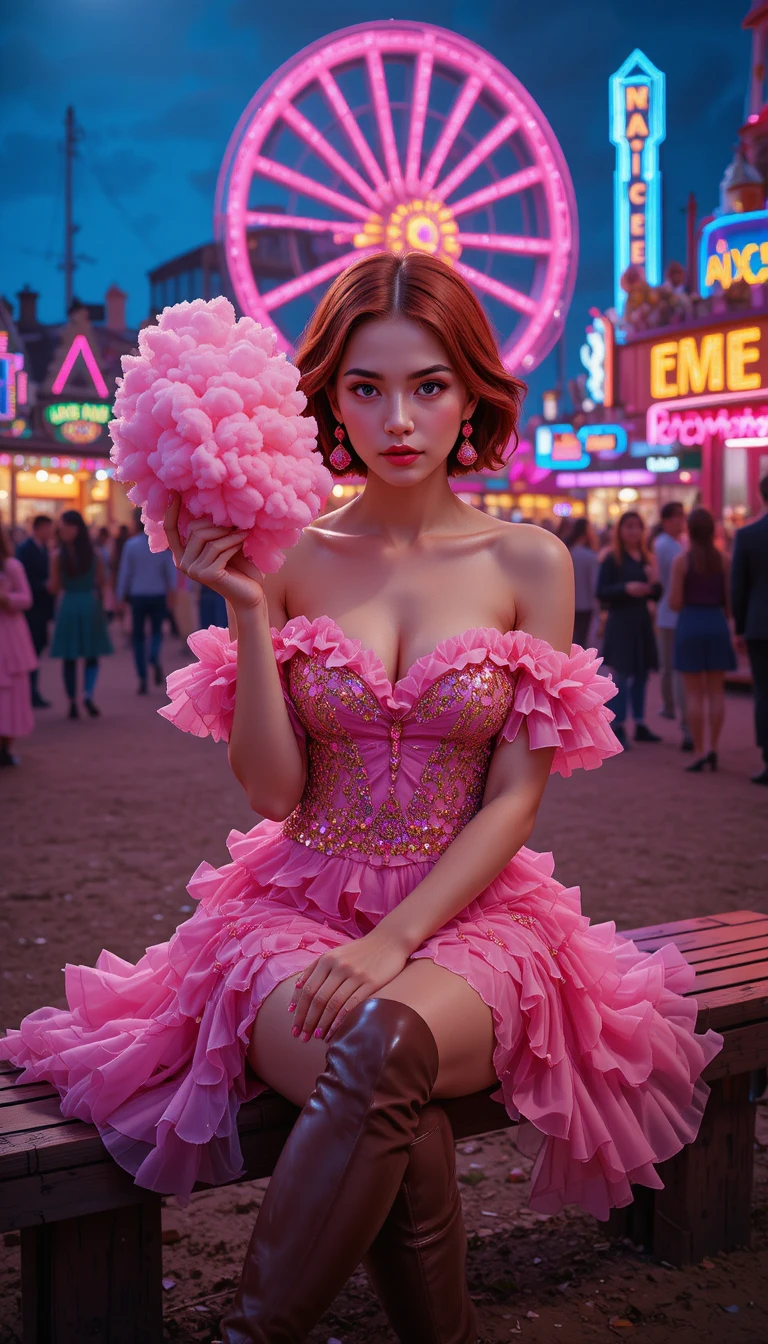Woman in pink dress with cotton candy at neon carnival