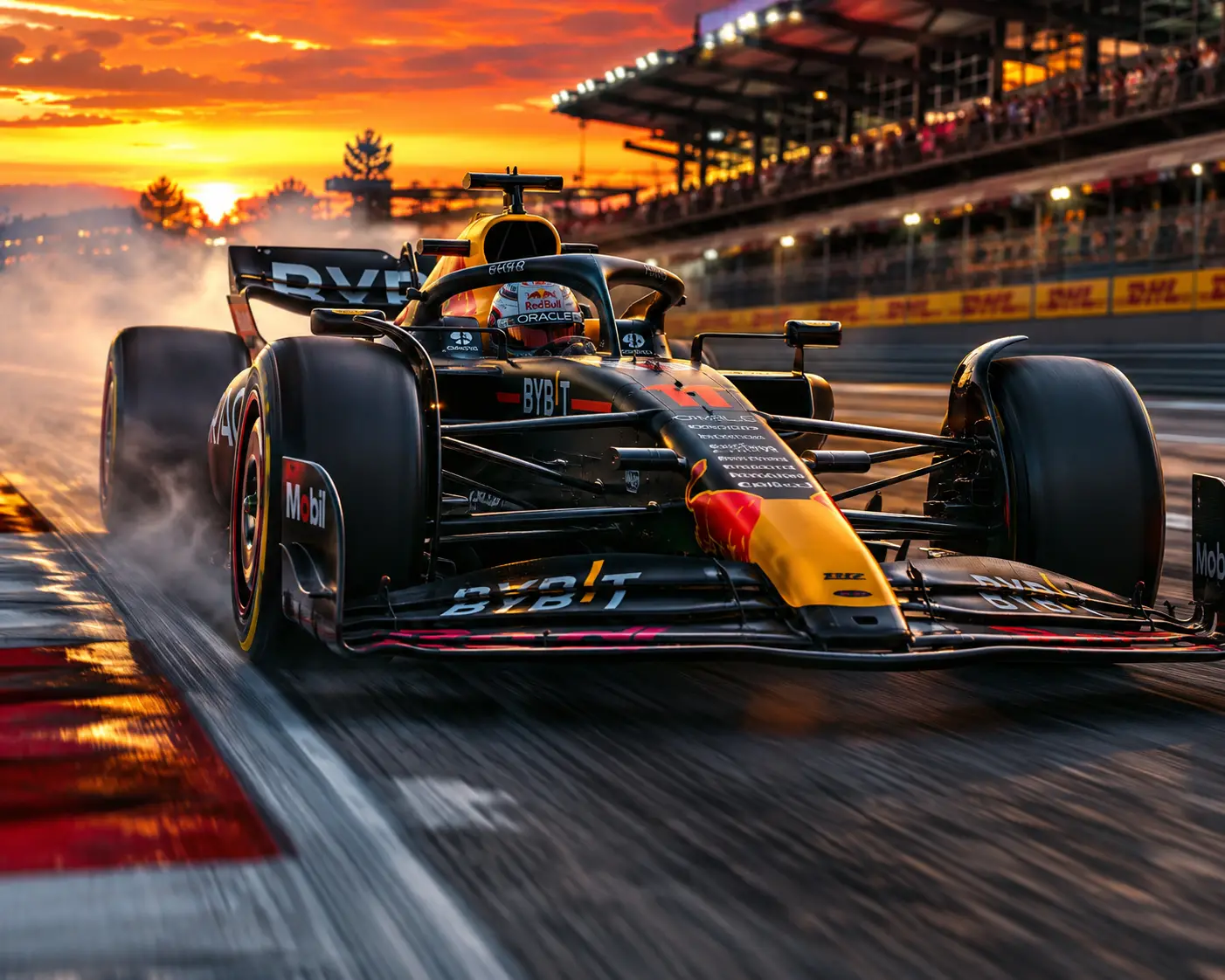 Formel-1-Rennen bei Sonnenuntergang auf einer filmreifen Strecke