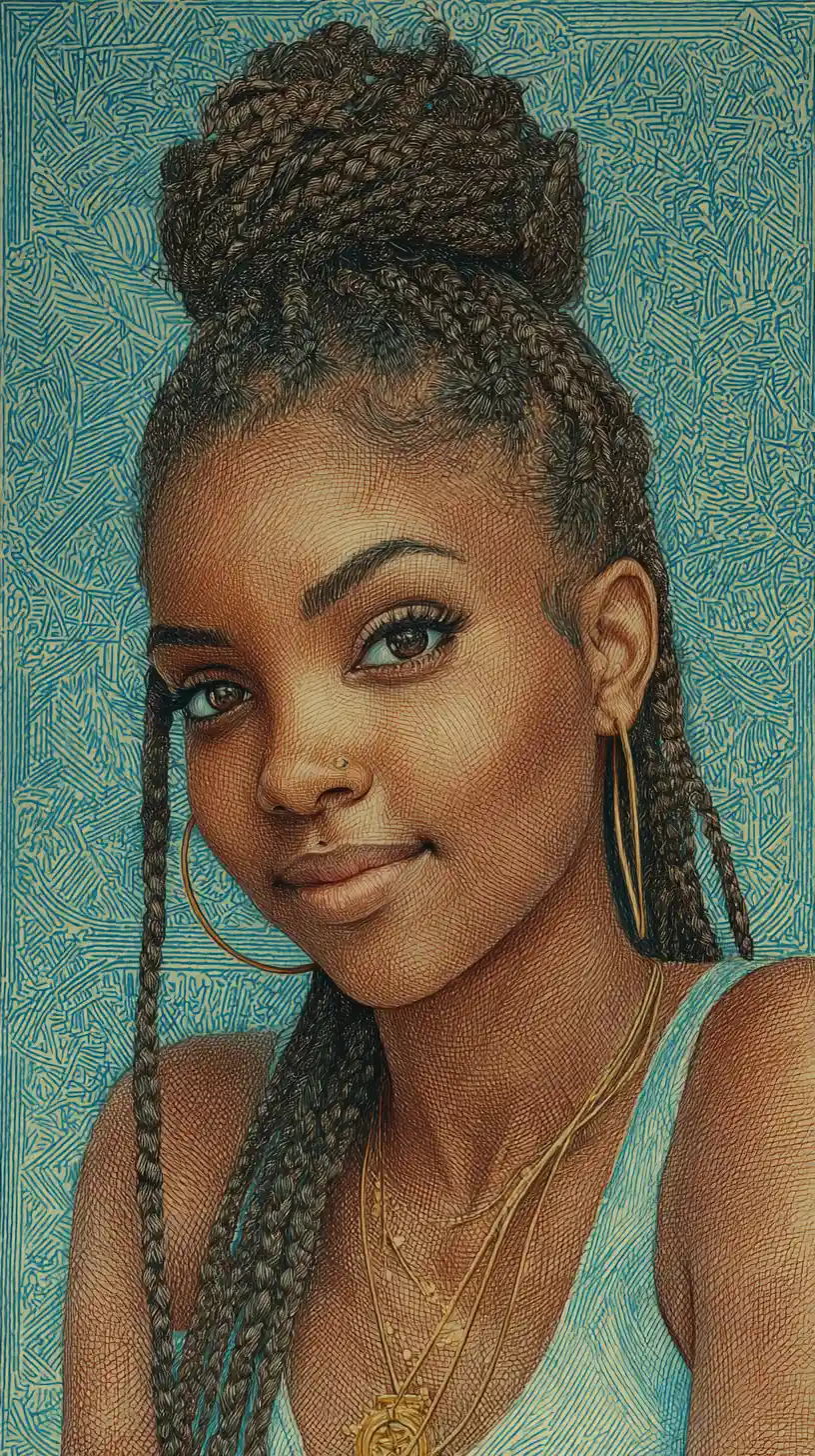 Ritratto di ragazza nera con trecce in top blu su sfondo blu