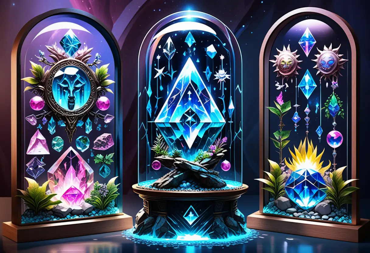 Reliques de cristal néon exposées sous verre ornemental avec eau