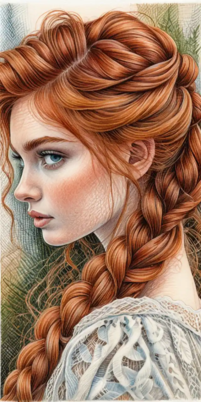 Red haired girl in lace dress colored pencil portrait