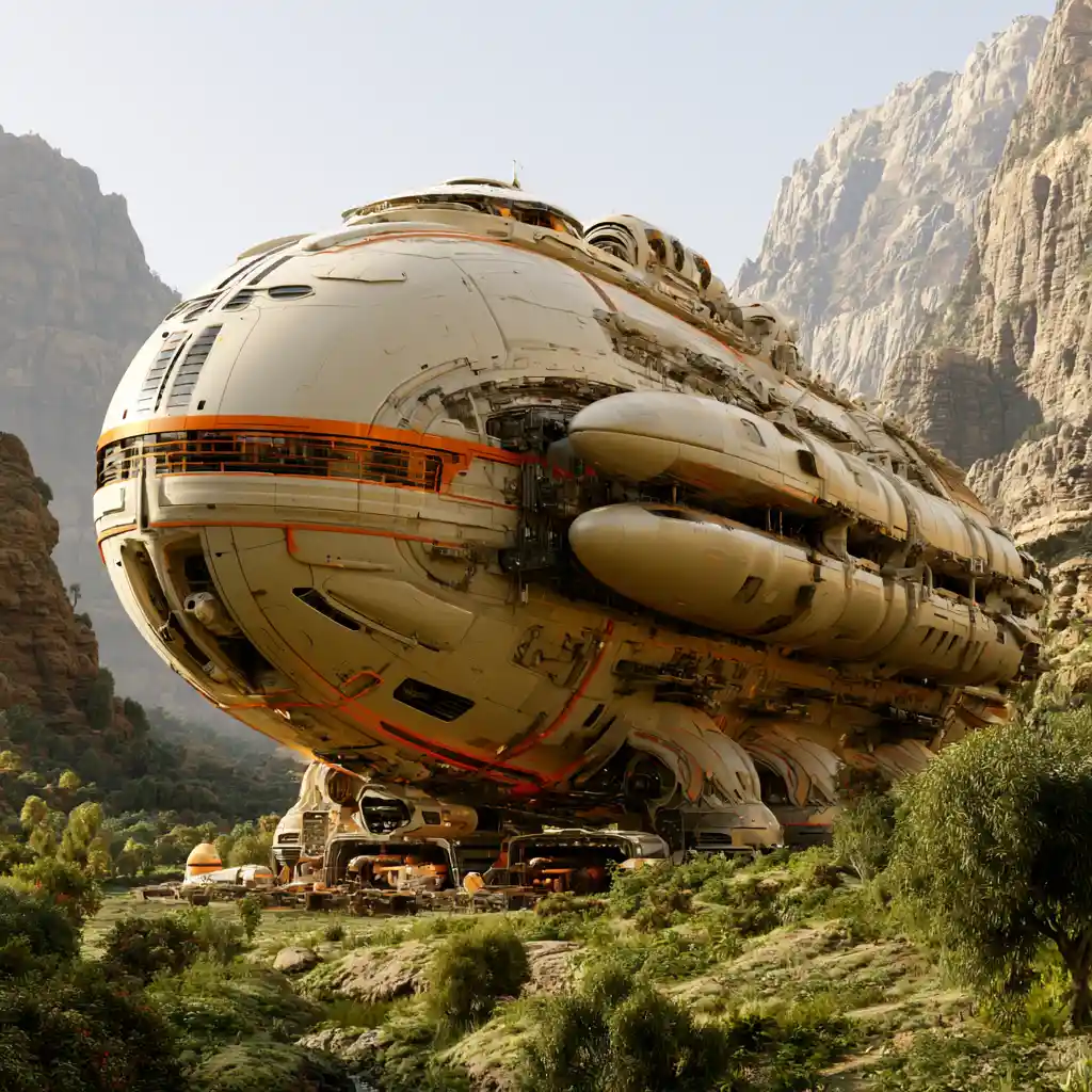 Enorme nave cargo spaziale atterrata in una rigogliosa valle di montagna