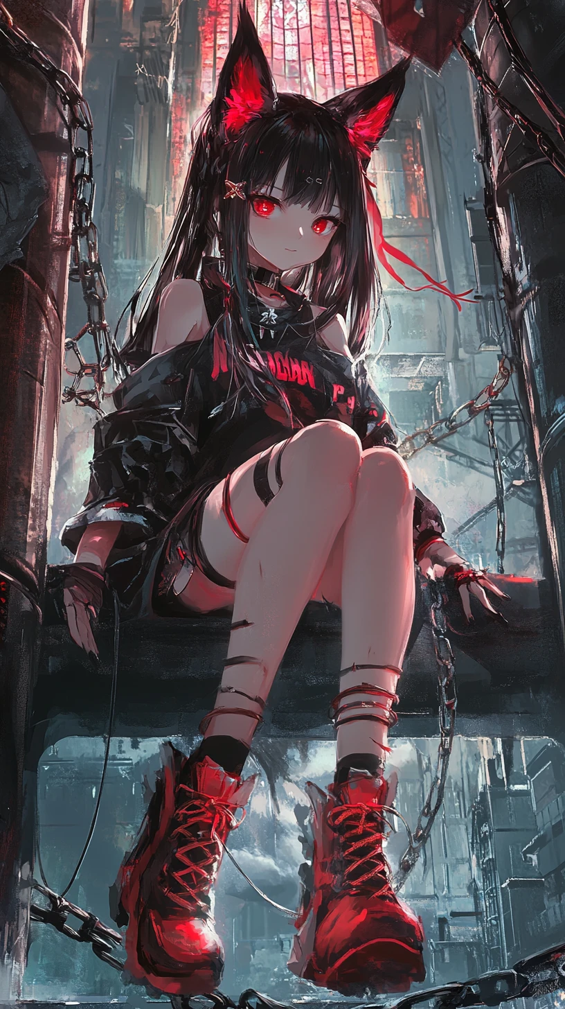 Anime girl with chains and red poncho sitting on brick wall